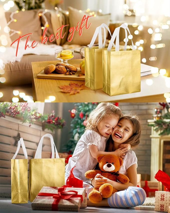 Eccliy Reusable Gift Bags Set Glossy Grocery Gift Tote Bag with Handle for Wedding, Bridal Shower, 4th of July, Summer Event(10 x 8 x 4.7 Inch,Gold,80 Pcs)