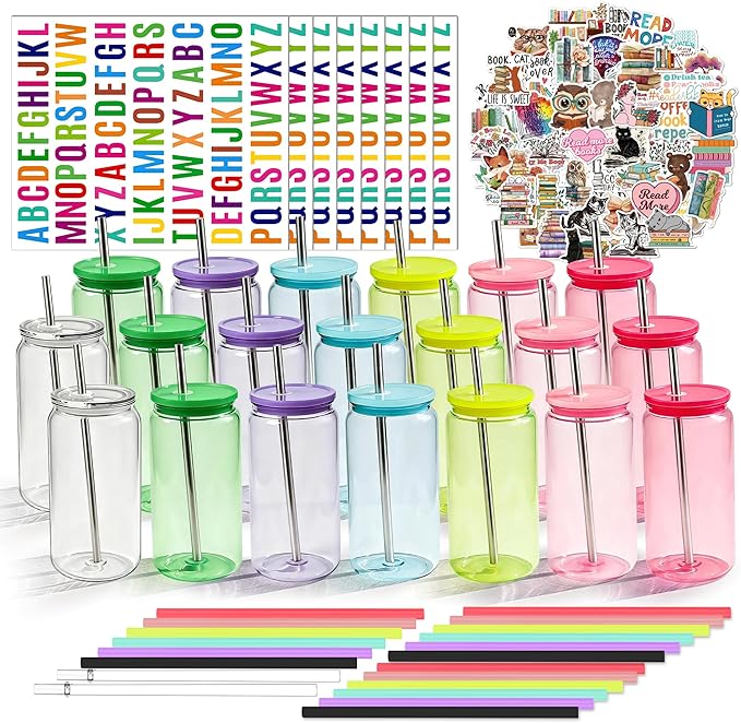 16oz Acrylic Mason Jars Cups, 20 Pack Can shaped Plastic Cups with Lids and Straws, Iced Coffee Cup Cute Drinking Glass Unbreakable Tumbler for Whiskey, Soda, Iced Tea, Colored