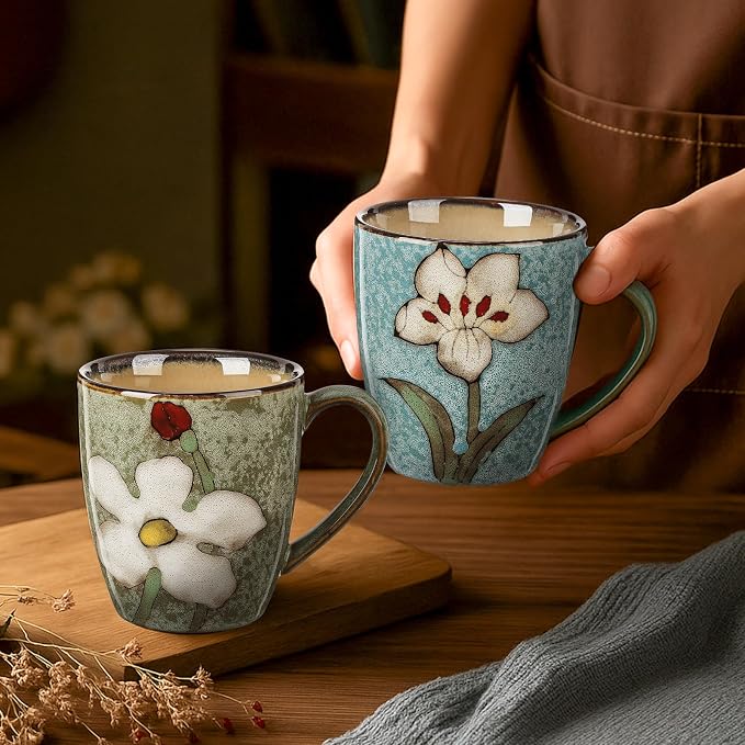 Maxdot 2 Pcs 12oz Ceramic Coffee Mugs Sets Glazing Process Cappuccino Mug Floral Ceramic Tea Cups Idea Gift Set for Women Porcelain Cup for Coffee, Cocoa, Tea, Latte (Retro) (Fresh)