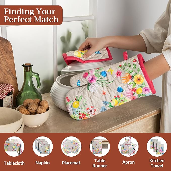 Maison d' Hermine Pot Holders 100% Cotton Heat Resistant Potholders 8" x 8" Hot Pads with Loop BBQ Baking Gifts for Mothers Day Handling Hot Pans Spring/Summer (Pack of 1, Jardin D'Ete - Fog)