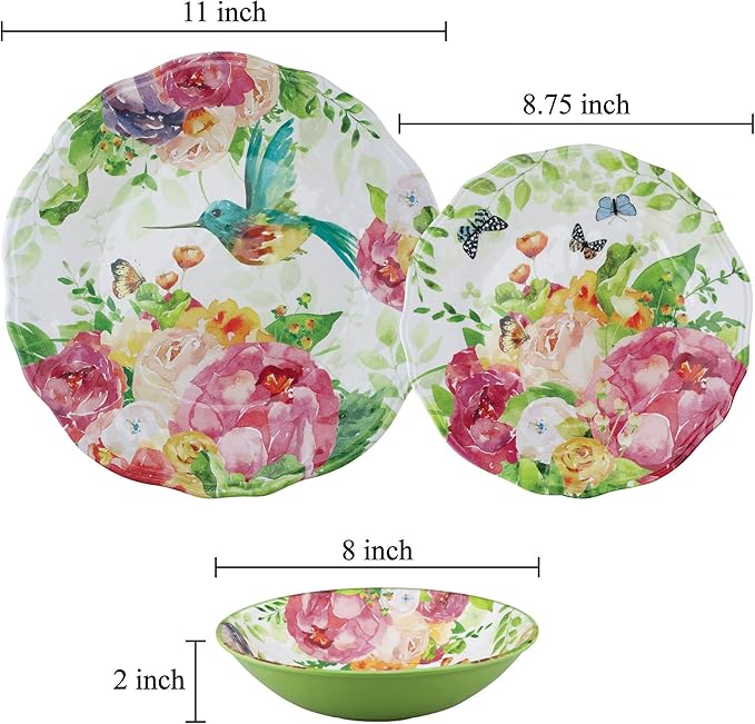 UPware 12 Piece Rose Garden Melamine Dinnerware Sets, Outdoor Dishes Set, Plates and Bowls Sets, Service for 4, Multicolor