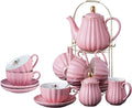 Jusalpha Service for 6- Fine China Pink Coffee Cup/Teacup Set, 8 OZ Cups& Saucer, with Teapot-Sugar Bowl-Cream Pitcher Teaspoons and tea strainer for Tea/Coffee- 24 PC (Pink, Serve of 6)