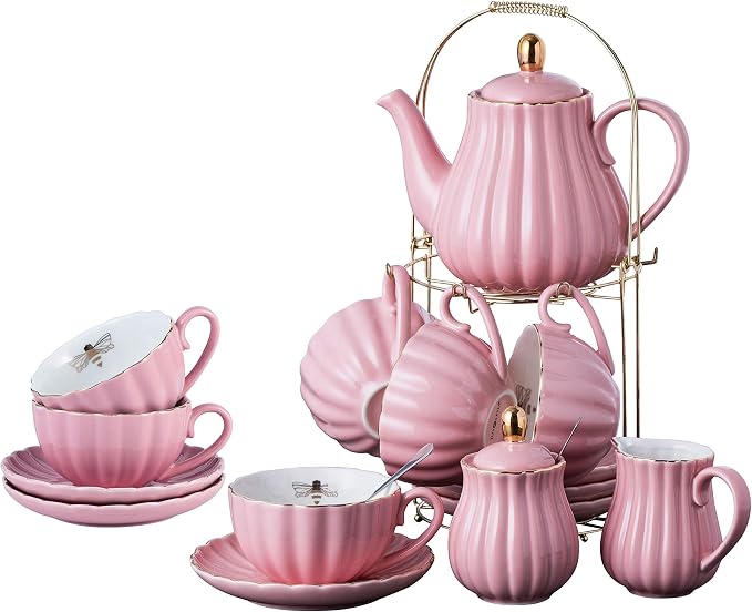 Jusalpha Service for 6- Fine China Pink Coffee Cup/Teacup Set, 8 OZ Cups& Saucer, with Teapot-Sugar Bowl-Cream Pitcher Teaspoons and tea strainer for Tea/Coffee- 24 PC (Pink, Serve of 6)