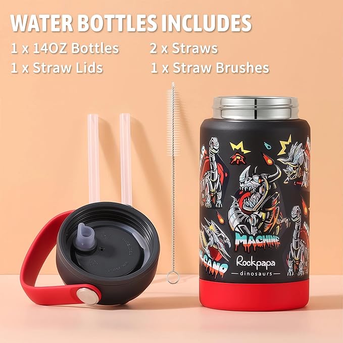 rockpapa Kids Lunch Box Set with 14oz Insulated Water Bottle & Lunch Bag, Leakproof 5.5 Cups Bento Box for School & Children, BPA-Free, Microwave Safe for Boys Girls (Black Dinosaur)