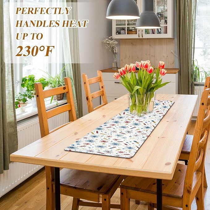 2-in-1 Table Runner Trivet for Hot Dishes Heat Resistant Hot Plate Mat Pad 39x12 Inch Waterproof Table Protector Trivets for Countertop Decorative White American Fireworks