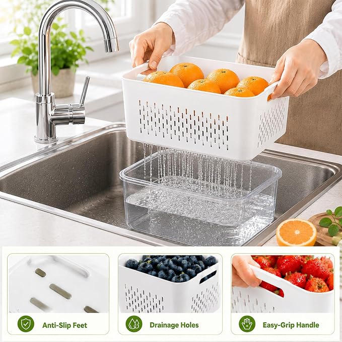 UFORU 4 Pack Fruit Storage Containers for Fridge, Produce Containers with Removable Colander, Airtight Stackable Storage Containers, Reusable Refrigerator Organizer Bins for Berries, Lettuce