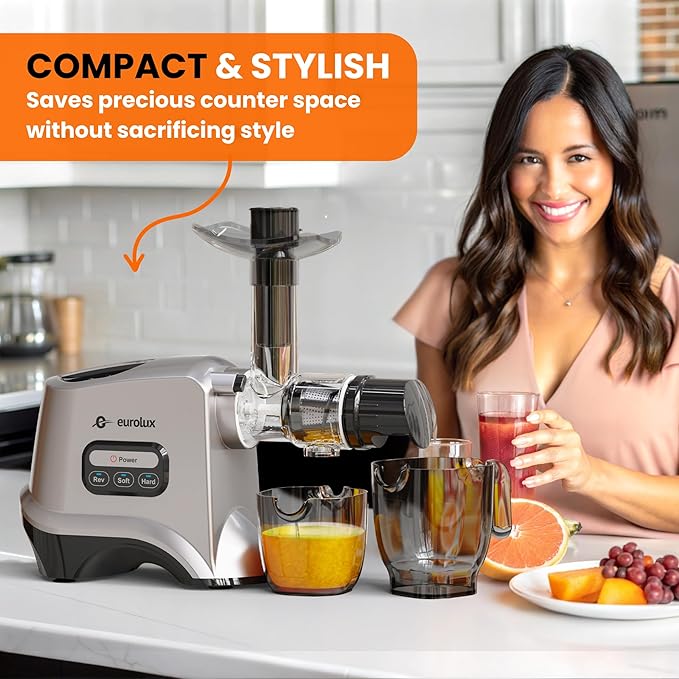 Eurolux Slow Masticating Juicer – Cold Press Machine for High-Yield Juice Extraction – Quiet & Powerful Juicer for Fruits and Vegetables – Easy to Clean, BPA-Free & Nutrient-Rich – Compact Design