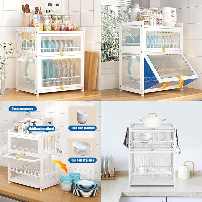 3 Tier Dish Drying Rack，Over Sink Dish Drying Rack with Side Hooks Flipped Cabinet Door Design Pull-Out Drain Tray 22.04Lbs Strong Load-Bearing Capacity Dish Racks for Kitchen Counter