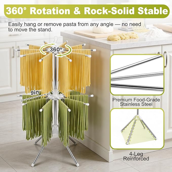 Pasta Drying Rack, 20-Rod Double Layer Large Capacity Pasta Dryer, 304 Stainless Steel 360° Rotating Foldable Noodle Stand for Homemade Spaghetti, Fettuccine, Family Pasta Night
