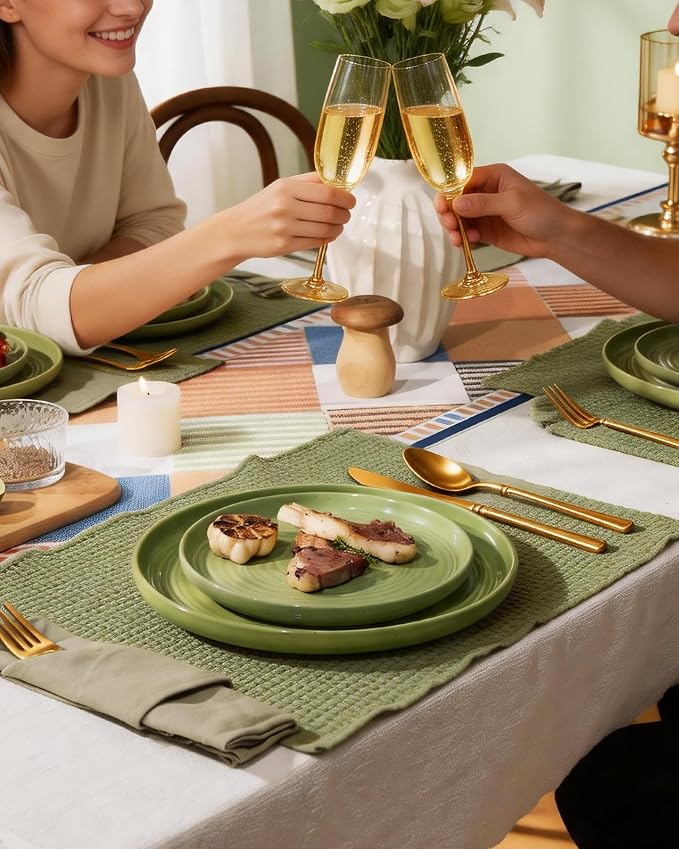 18-Piece Stoneware Dinnerware Sets for 6 - Farmhouse Coupe Plates and Bowls with Speckles & Spirals - Chip & Scratch Resistant, Microwave & Dishwasher Safe - Gift Box, Olive Green