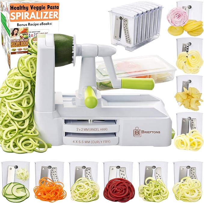 Brieftons 10-Blade Vegetable Spiralizer: Zucchini Spiral Slicer & Veggie Noodle Maker, Japanese Steel Blades, Catch Container, Strong Suction Cup, Blade Caddy, 4 eBooks | Low Carb, Vegan, Gluten-Free
