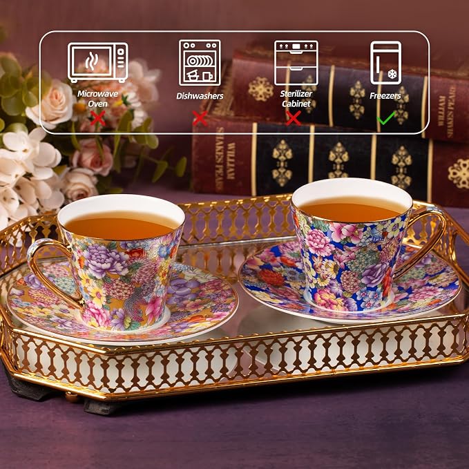KAMMAK Tea Cups and Saucers Set of 2, Porcelain Coffee Cups, 7.5oz Stackable Espresso Mugs, Ceramic Demitasse for Coffee, Latte, Americano, Tea (637N+638N)