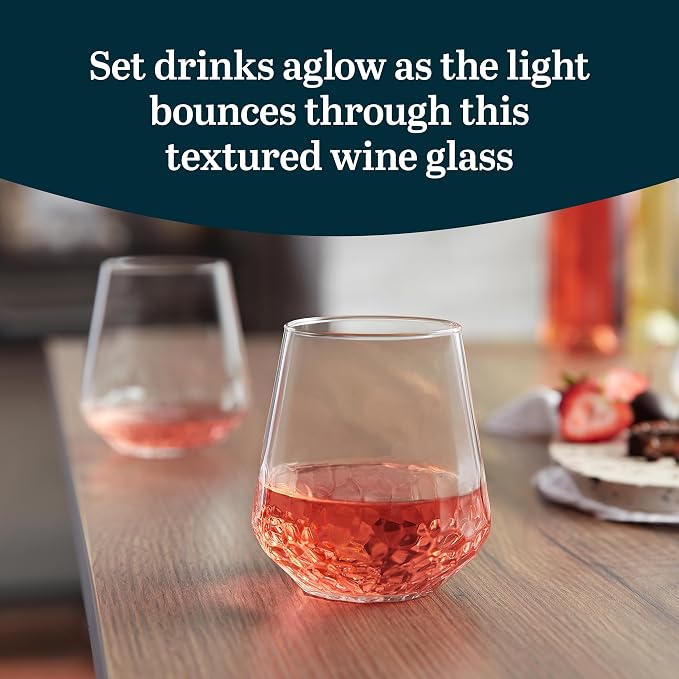 Libbey Hammered Stemless Wine Glasses Set of 8, 17.75-ounce, Dishwasher-Safe, Chiseled Textured Glassware Set, All Purpose Wine Glasses for Everyday Use