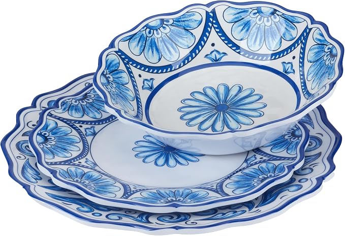 Veranda Melamine 12-Piece Dinnerware Set, Service for 4 – Includes Dinner Plates, Salad Plates, and Bowls – Elegant Blue and White for Everyday Use, Indoor/Outdoor Dining, and Entertaining