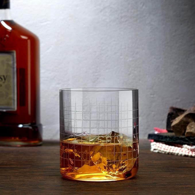 NUDE GLASS NUDE Whiskey Glasses Set of 4 DOF – 13.25 oz Finesse Grid Lead-Free Crystal Old Fashioned Glass