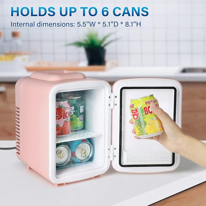 Simple Deluxe 4L/6 Can Mini Fridge, Portable Cooler & Warmer Freon-Free Refrigerator, Provide Compact Storage for Skincare, Beverage, Cosmetics, Bedroom, Office, Pink