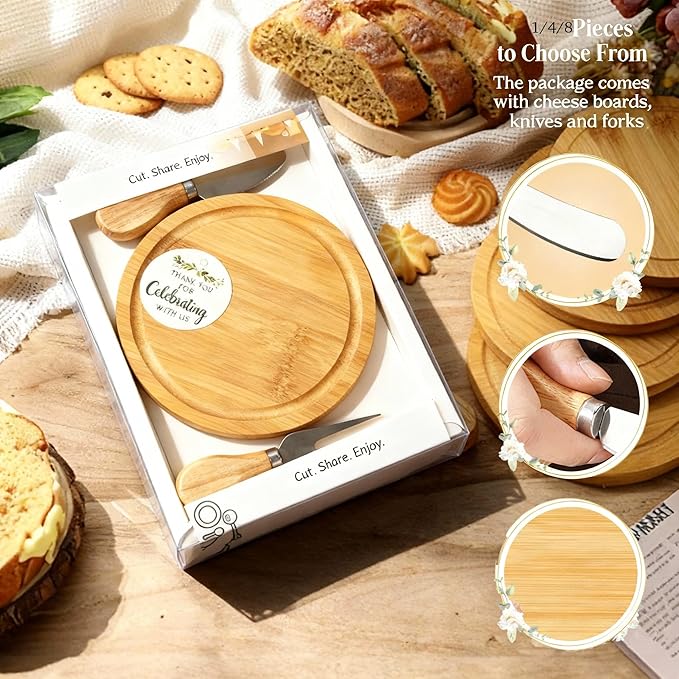 4-Pack Small Personal Charcuterie Cheese Board Set & Serving Tray - 6 Inch mini Bamboo Plates with Knives & Forks, Party Serving Set for Wedding Favors, Bridal & Baby Shower, Ideal Gifts