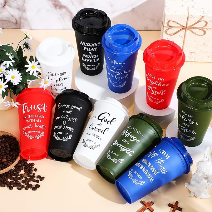 Skylety 20 Pack Bulk Christian Gifts for Men Women 16oz Reusable Bible Verse Tumbler Plastic Coffee Cup with Lid Inspirational Religious Church Gift for Teacher Graduation Party Favor (Bold Color)
