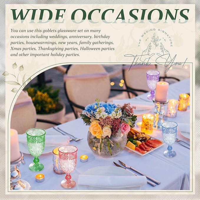 Wiwiqing 6 Pcs Plastic Goblets 7.5oz Vintage Goblet Plastic Wine Glasses Colored Retro Embossed Water Goblets for Wine Bar Juice Baby Shower Wedding Reception Grand Event Party (Multicolor)