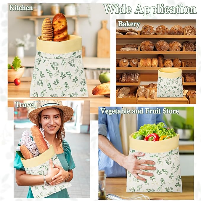 Reusable Beeswax Bread Bags - 2 Pack Bees Wax Food Bag, Homemade Sourdough Bread Storage, 2-in-1 Linen Cotton Large Freezer Container Home Baking Accessories with Lining (Eucalyptus Leaf)