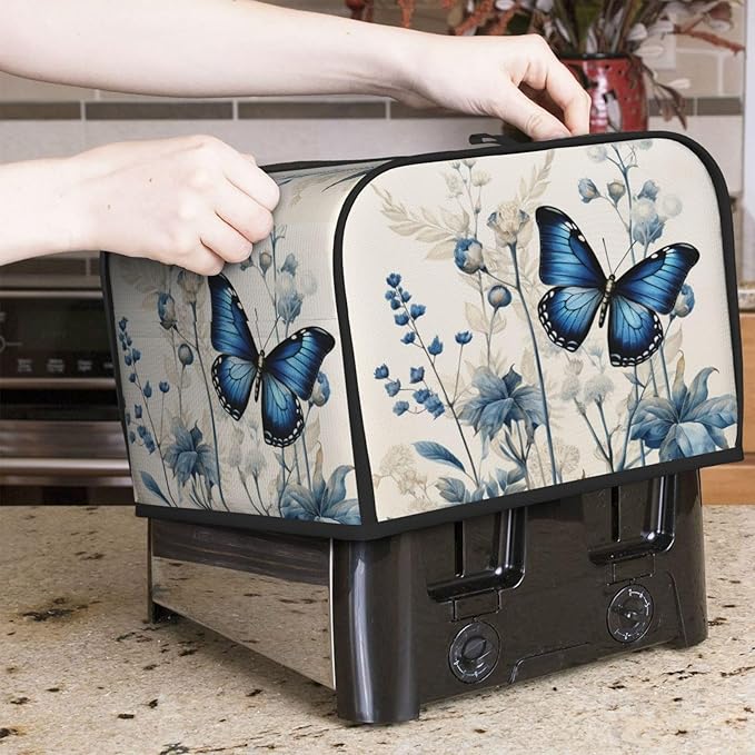 Toaster Cover 4 Slice Butterfly Blue Flower Boho Kitchen Small Appliance Covers with Pockets Dust and Fingerprint Protection