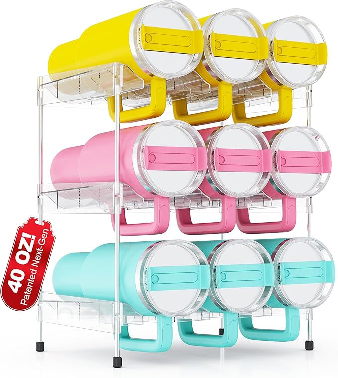 Reusable Stackable with Handle Compartment Water Bottle Tumbler Organizer for Stanley 40oz with Handle Cup, Stanley Accessories for Pantry, Cabinet & Kitchen Organization and Storage,3 Tier Hold 9