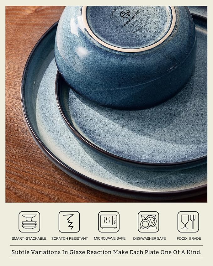 Famiware Milkyway Stoneware Dinnerware Set, 12-Piece, Double Reactive Glaze, Plates and Bowls, Service for 4, Microwave and Dishwasher Safe, Scratch-Resistant, Dusty Blue