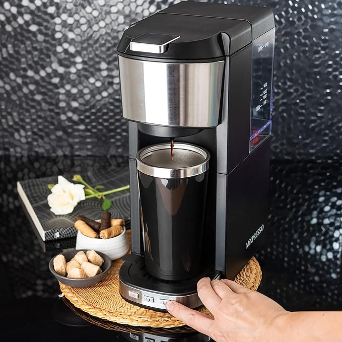 Mixpresso Coffee Maker Single Serve For Ground Coffee & Compatible With K Cup Pods, With 14oz Travel Mug & Reusable Filter For Home, Office & Camping, 30oz Removable Water Tank.