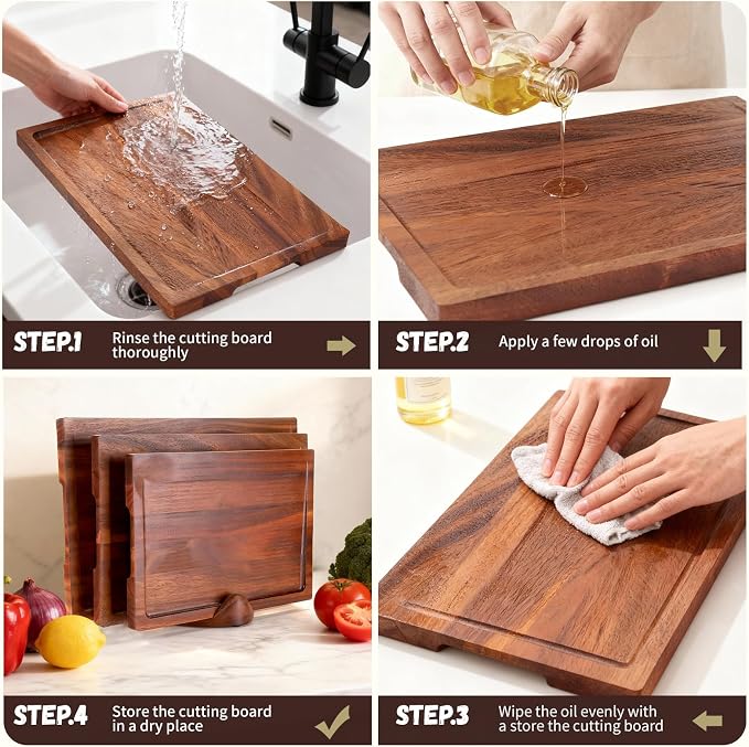 Walnut Cutting Board Set of 3 Handmade Wooden Chopping Boards with Holder, Deep Juice Grooves Side Handles Reversible NonToxic Serving, Gift for Mother's Day, Housewarming Wedding