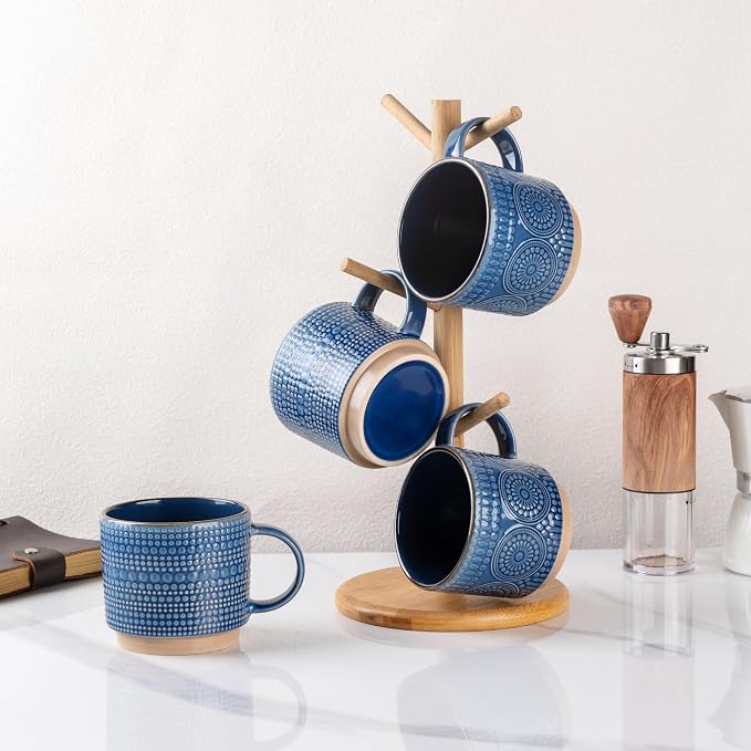 GBhome 16OZ Stackable Coffee Mugs, Ceramic Coffee Mugs with Texture Patterns for Man,Woman,Dad,Mom, Modern Coffee Mugs Set of 4 for Latte/Cappuccino/Cocoa. Dishwasher&Microwave Safe