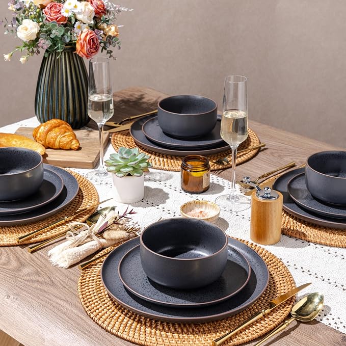 LERATIO Stoneware Dinnerware Sets for 6,Handcarft Ceramic Plates and Bowls Sets,Chip and Scratch Resistant Dishes, Dishwasher & Microwave Safe, Oven safe,Reactive Glaze-Speckled Ashen
