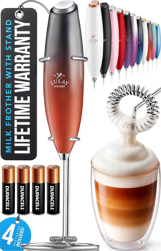 Zulay Kitchen Powerful Milk Frother Wand With 4 AA Duracell Batteries - Ultra Fast Handheld Drink Mixer - Electric Whisk Foam Maker for Coffee, Lattes, Cappuccino, Matcha & Creamer - Black and Red