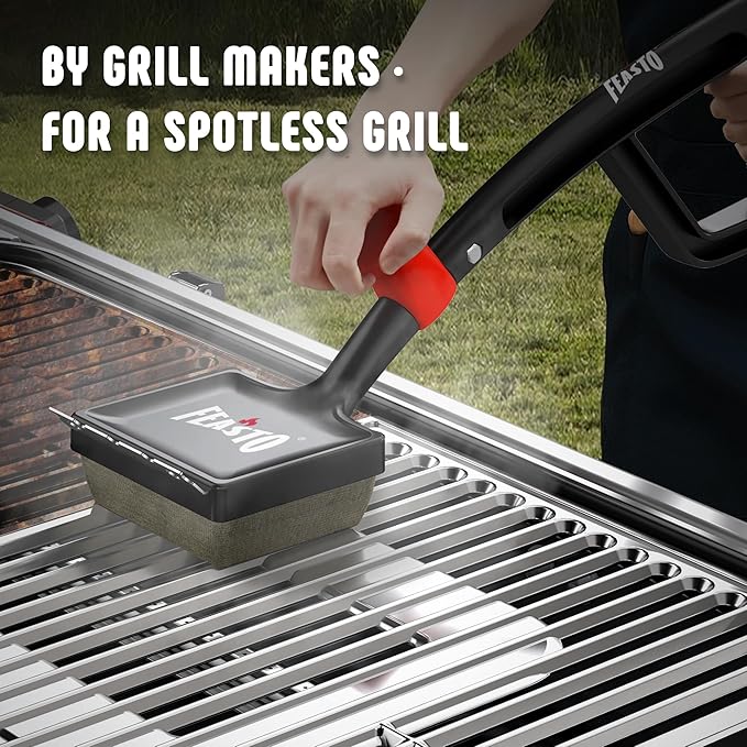 Feasto Grill Brush with Steam and 2 Replacement Brush Heads, 6-in-1 Bristle-Free with Interwoven-Tech & Thermal-Sensitive Sponge, Stainless Steel Scraper, 360° Rotating Knob, Bottle Opener