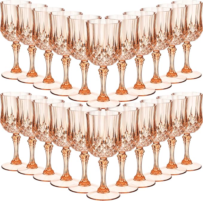 Sliner 48 Pcs 7oz Plastic Vintage Wine Glasses Drinking Goblets Unbreakable Crystal Water Glassware Reusable Diamond Champagne Flutes Cups for Wedding Banquet Birthday Party Supplies (Rose Gold)