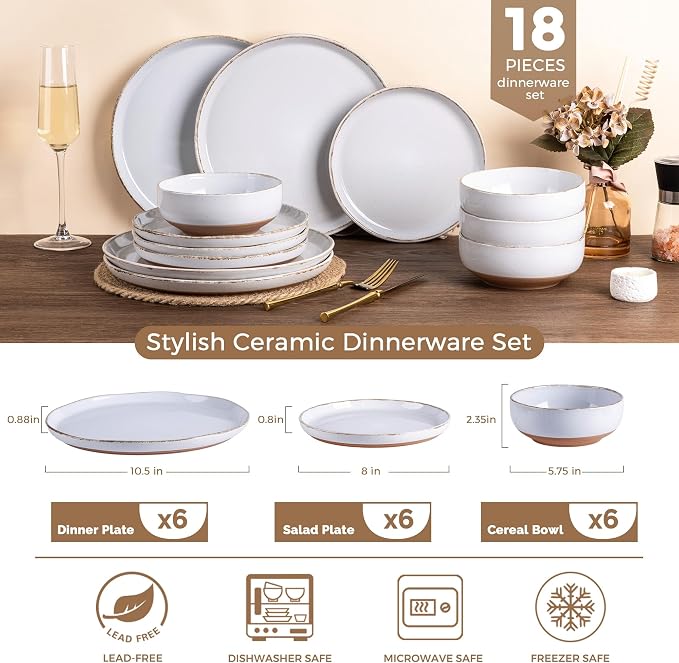 AmorArc Dinnerware Sets for 6, 18 Pieces Stoneware Plates and Bowls Set with Handbrush Rim, Scratch Resistant Dishes Set, Dishwasher & Microwave Safe, White