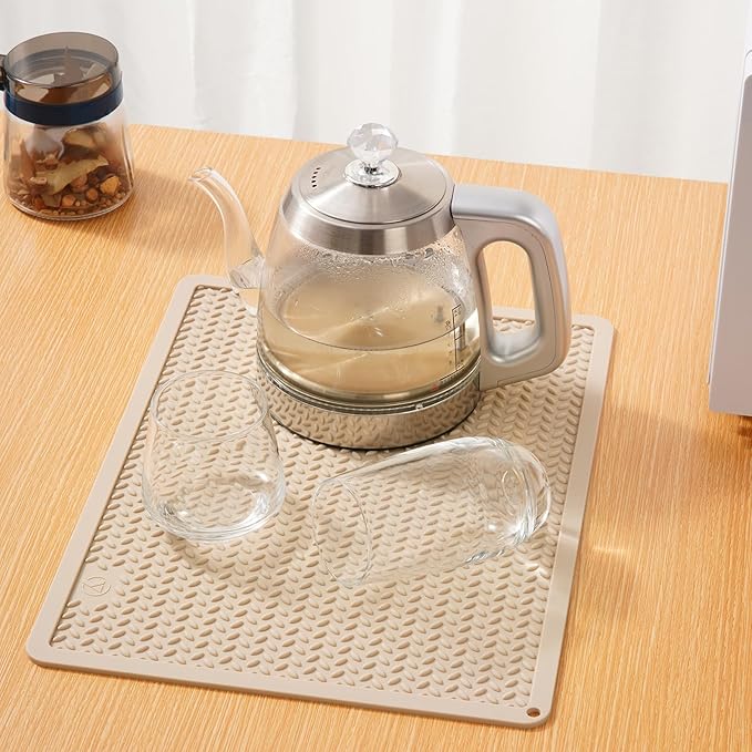 Silicone Drying Mat & Heat Resistant Mat for Kitchen Counter, Non-Slip Dishwasher Safe, Raised Edge for Dishes Bottles Sink (25.5x17.7in, Beige)