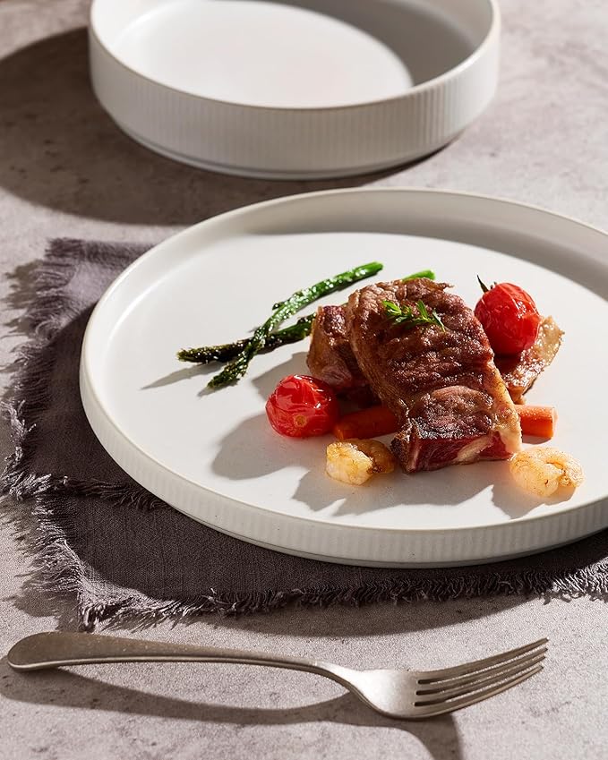 Famiware Star 8-Piece Stoneware Dinnerware Sets for 4 – 10.5" Flat Dinner Plates & 23 oz Deep Cereal Bowls, for Everyday & Formal Use, Chip & Scratch Resistant, Microwave/Dishwasher Safe, Matte White