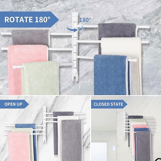 Swivel Towel Rack, 12.6 Inch Towel Bar with Wall Mounted 180° Rotation, 6 Arms Towel Hanger SUS 304 Stainless Steel, Space Saving for Kitchen, Bathroom, Outdoor, White