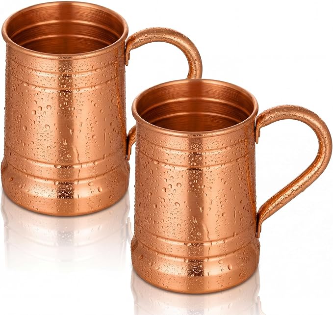Willinglong 2 Pcs Pure Copper Tumbler with Handle, 18 oz Moscow Mule Mug Copper Cups for Drinking, Coffee Mugs Vessel for Family Health Water, Iced Coffee Tea Cocktails Home Bar Camping