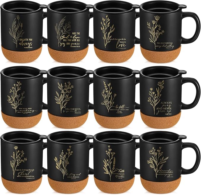 FillTouch 12 Pcs Christian Mug Gifts Bulk 15oz Religious Cup Cork Bottom Coffee Mug with Verse Inspirational Gift for Women Men Pastor Church Group Bible Study Member(Black,Flower)