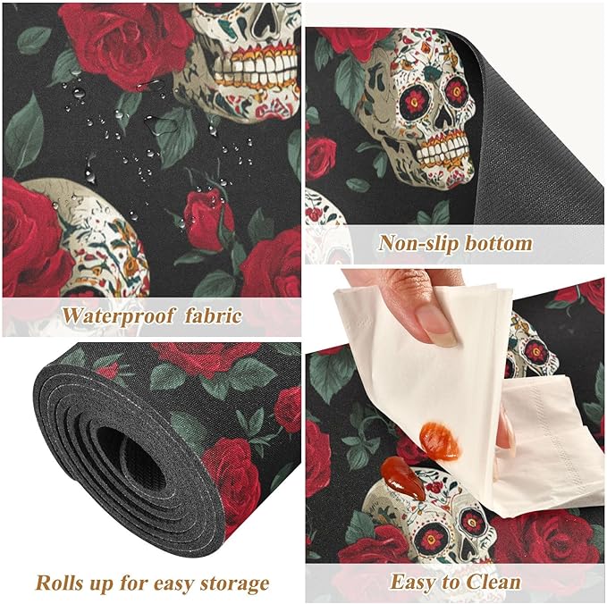 2 in 1 Table Runner Trivet for Hot Pots and Pans Heat Resistant Non Slip Waterproof 39 x 12 Inch Decorative Table Protector for Kitchen Countertop Mexico Skull Rose Flowers Red