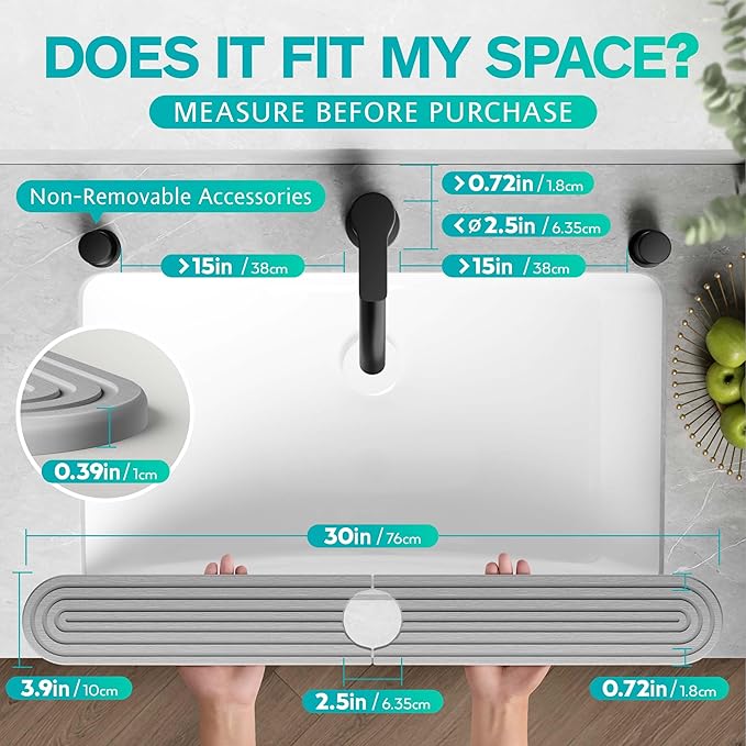 Stone Faucet Mat for Kitchen Sink – Diatomite Fast-Drying Stone Tray, Faucet Mat Sink Splash Guard, Decorative Sink Protector for Kitchen Bathroom Counter (Grey, 30''x3.9'')