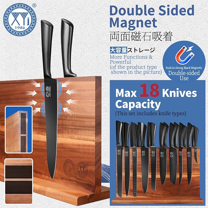 XYJ Knife Block Set, Chef Knives Set with Wooden Magnetic Knife Block, Fork, Cutting Board, Sharpening Stick, Scissors, Stainless Steel Japanese Kitchen Knives, Vegetable Slicer, Peeler, Gloves