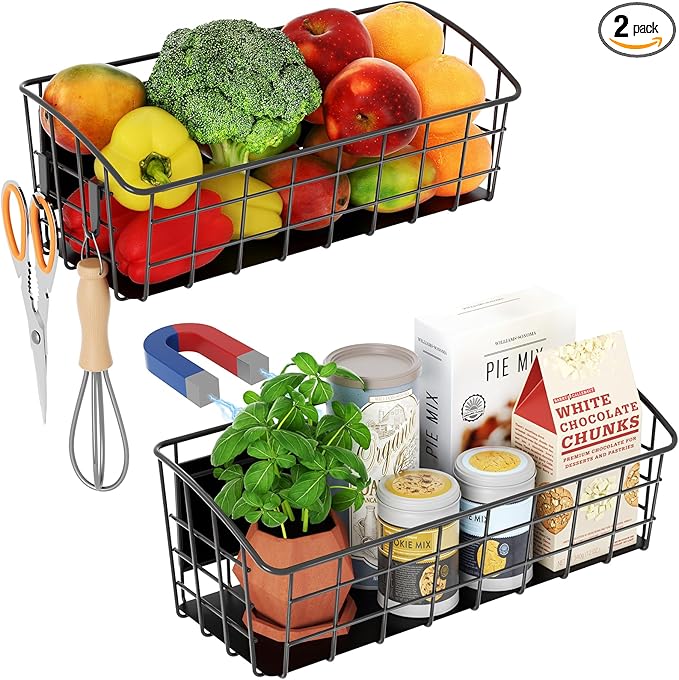 2Pcs Magnetic Shelf for Refrigerator, Versatile Magnetic Basket Fridge with 2 Hooks for Kitchen Storage, Fruit Potato Onion Storage Shelves, Large Magnetic Spice Rack Organizer for Fridge Oven Laundry