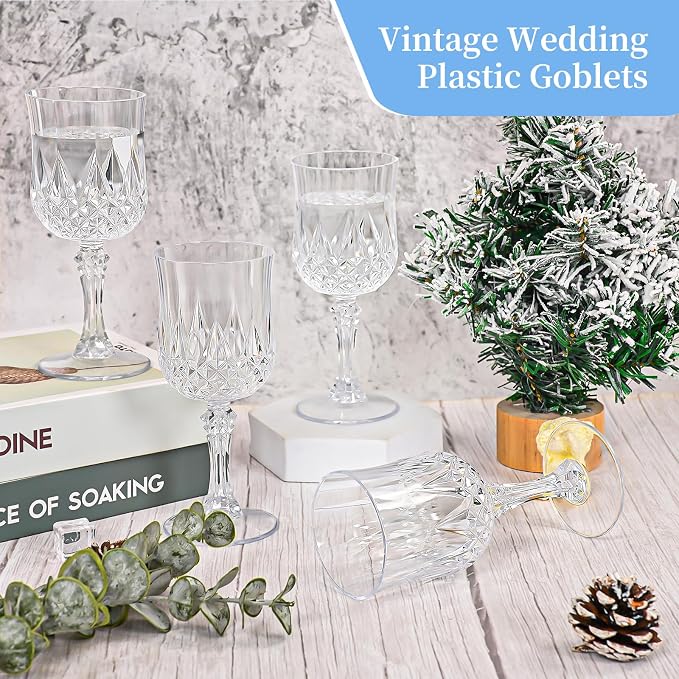 24 Pack Transparent Plastic Wine Glasses, Vintage Plastic Goblets for Parties, Drinking Glasses Unbreakable Glassware Crystal Water Goblets Reusable Drinkware for Wedding Reception Grand Event Party
