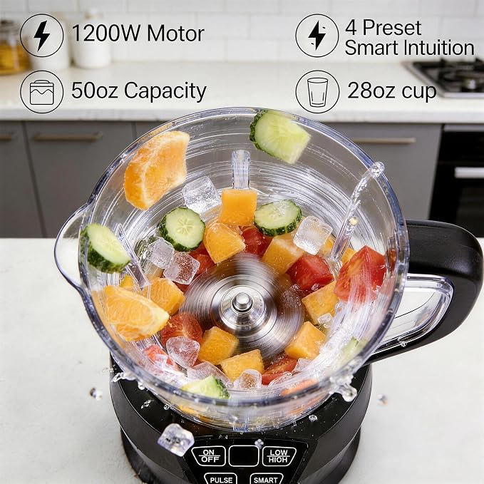 Liebe&Lecker Countertop Blender, 1200W Kitchen Mixer with 50-Oz Jar | Professional Blender with 28-Oz To-Go Cup, 4 Preset Programs for Smoothies, Shakes & Purees, Zero BPA, Matte Black