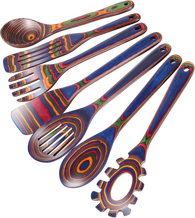 MYRAINBOW Wooden Spoons for Cooking – 7 Piece Pakkawood Kitchen Utensils Set with Spatulas, Spoons, Ladles, and Turner for Mixing, Serving & Cooking