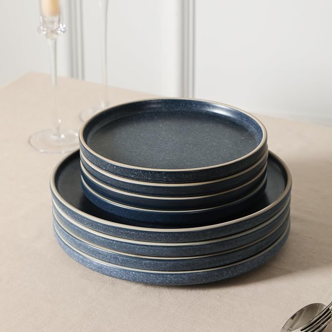 Earth & Clay Amber 24-Piece Dinnerware Set Stoneware, Dishwasher and Microwave Safe Plates and Bowls Set, Dish Set for 8, Blue