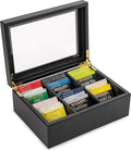 Break Tradition Wooden Tea Organizer For Tea Bags - 6 Compartments, Clear Top Window, Lid Stays Open (Black)
