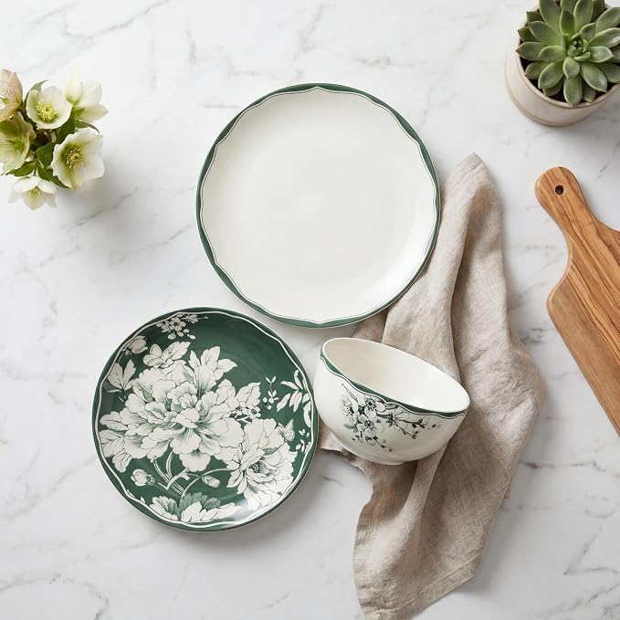 222 Fifth 12-Piece Porcelain Dinnerware Set for 4, White & Sage Green Plates and Bowls Set, Glossy Ceramic Dish Set with Detailed Floral Design, Microwave & Dishwasher Safe Dishes for Dining, Brittany